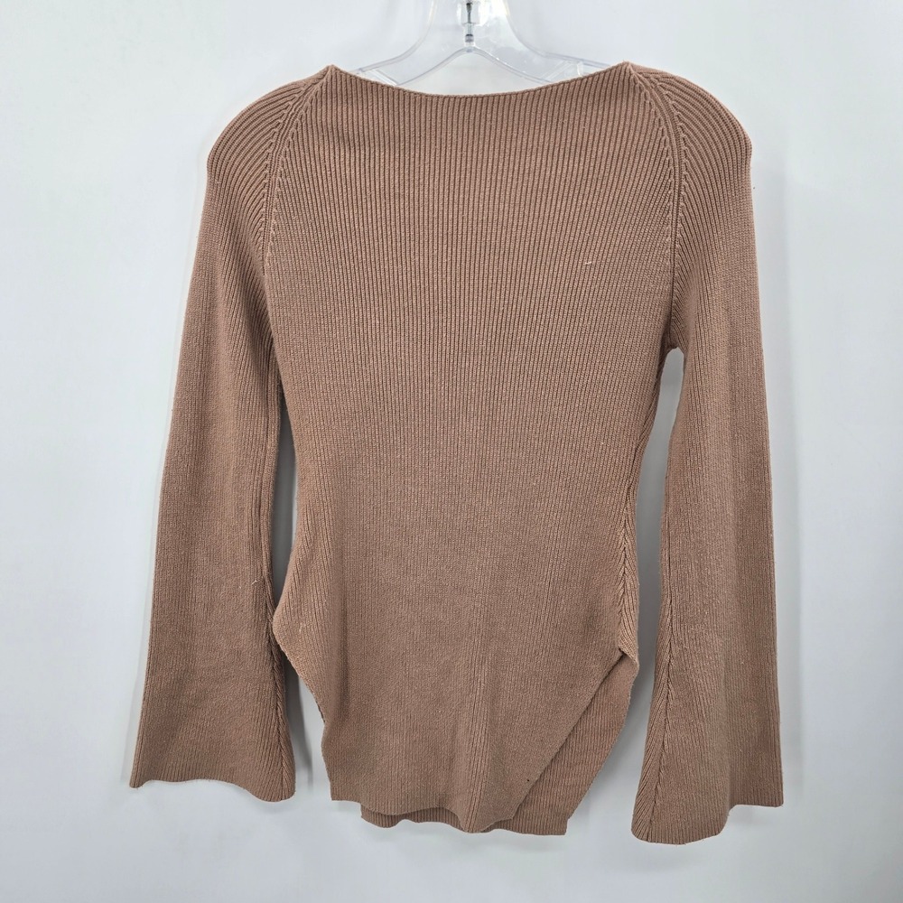 SHEIN Women Tan Ribbed Sweetheart Neck Bell Sleeve Side Slit Knit Sweater Small - Picture 2 of 7